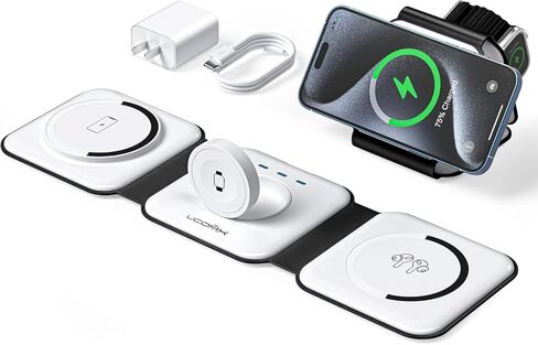 UCOMX 3 in 1 Charging Station for Mult-ple Devices,Foldable 3 in 1 Wireless Charger for Travel,Nano Wireless Charging Station for iPhone 15 14 13 12 Pro Max/Watch 9 8 7 6 5 4 3 Ultral/AirPod Pro in Kuwait