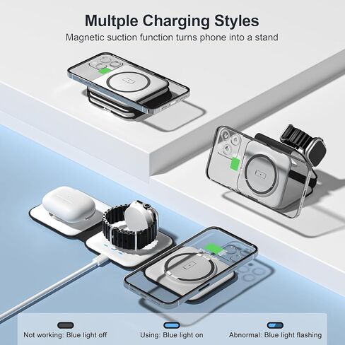 UCOMX 3 in 1 Charging Station for Mult-ple Devices,Foldable 3 in 1 Wireless Charger for Travel,Nano Wireless Charging Station for iPhone 15 14 13 12 Pro Max/Watch 9 8 7 6 5 4 3 Ultral/AirPod Pro in Kuwait