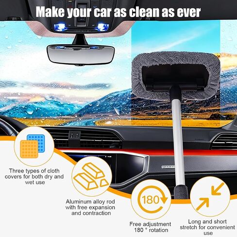 Car Windshield Cleaner Tool, Extendable Handle Rectangular Vehicle Window Cleaner with 3 Washable and Reusable Microfiber Pads, Auto Windscreen Cleaning Tool, Universal Fit in Saudi Arabia