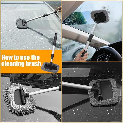 Car Windshield Cleaner Tool, Extendable Handle Rectangular Vehicle Window Cleaner with 3 Washable and Reusable Microfiber Pads, Auto Windscreen Cleaning Tool, Universal Fit in Saudi Arabia