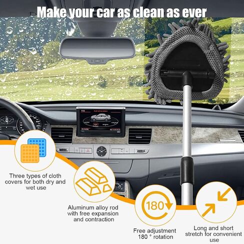 Car Windshield Cleaner Tool, Extendable Handle Rectangular Vehicle Window Cleaner with 3 Washable and Reusable Microfiber Pads, Auto Windscreen Cleaning Tool, Universal Fit in Saudi Arabia