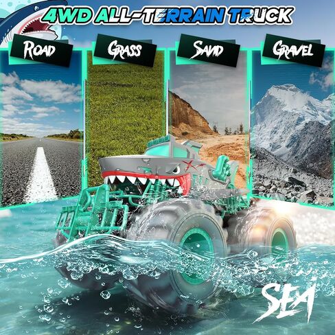 Waterproof Shark Remote Control Car, 1:16 Amphibious RC Cars 4WD All Terrain Off Road Monster Trucks Toys, RC Truck Toys for Kids 3-5 6-8 8-12 Year Old Boy Birthday Gift, Gray in Saudi Arabia