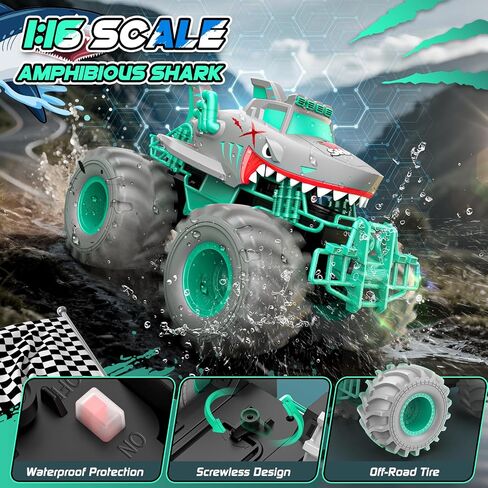 Waterproof Shark Remote Control Car, 1:16 Amphibious RC Cars 4WD All Terrain Off Road Monster Trucks Toys, RC Truck Toys for Kids 3-5 6-8 8-12 Year Old Boy Birthday Gift, Gray in Saudi Arabia