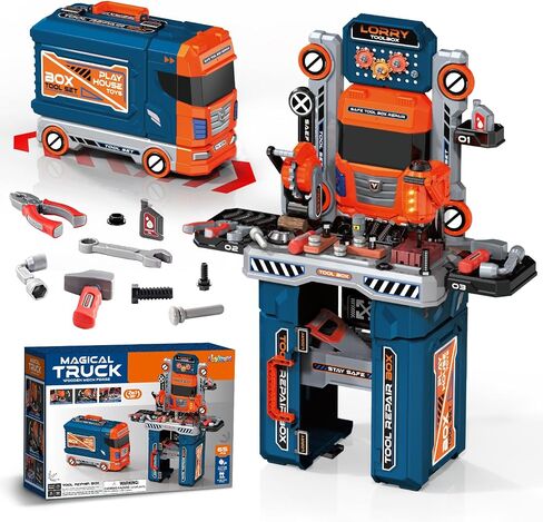 65 Pcs Kids Tool Set, 2-in-1 Kids Tool Box & Bench, Toddler Tool Set with Electric Drill and Power Miter Saw, Workbench for Boys Age 3 4 5 6 7 8 Year Old in Saudi Arabia