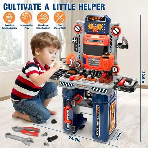 65 Pcs Kids Tool Set, 2-in-1 Kids Tool Box & Bench, Toddler Tool Set with Electric Drill and Power Miter Saw, Workbench for Boys Age 3 4 5 6 7 8 Year Old in Saudi Arabia