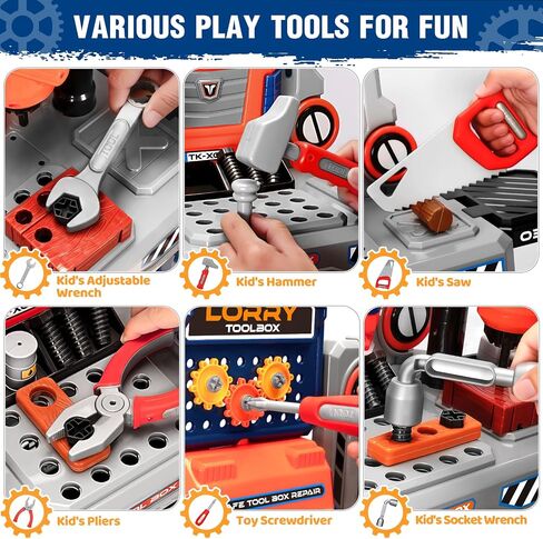 65 Pcs Kids Tool Set, 2-in-1 Kids Tool Box & Bench, Toddler Tool Set with Electric Drill and Power Miter Saw, Workbench for Boys Age 3 4 5 6 7 8 Year Old in Saudi Arabia