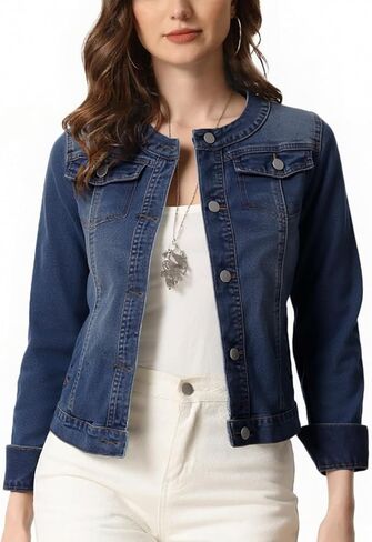 Unifizz Women's Jean Jacket Collarless Round Neck 2025 Button Down Long Sleeve Stretchy Denim Jackets in Saudi Arabia