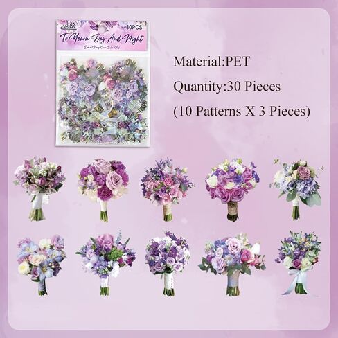 MAFELOE 30 Pieces PET Scrapbook Stickers of Bouquets Theme, Aesthetic Deco Supplies for Junk Bullet Journaling Card Making Daily Planner-Purple (D-Y4-AYSQ) in Saudi Arabia