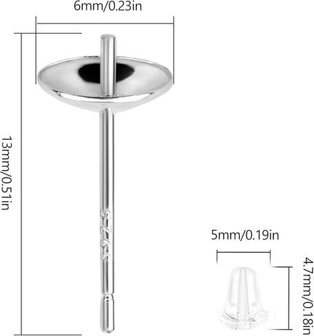 مجموعتان من أعمدة القرط من الفضة الإسترلينية S925 - أقراط لا تسبب الحساسية لصنع المجوهرات، أقراط ومسامير أقراط DIY، دبوس أذن 13 مم 6 مم وسادة نصف دائرية فارغة للؤلؤ والخرز، مستلزمات صناعة DIY in Kuwait