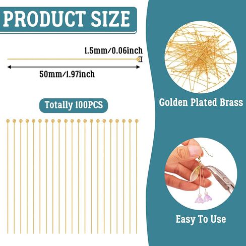 100 Pcs Golden Plated Brass Ball Head Pins 24 Gauge 50mm Long Metal Wire Earring Round End Head Pins for DIY Beading Supplies Earrings Necklace Bracelet Craft Jewelry Making in Saudi Arabia