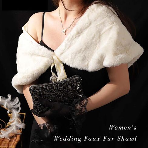 Bounzhi المرأة الزفاف فو الفراء شال يلتف الزفاف وشاح الزفاف الشالات الزفاف فو الفراء تتغاضى شال الفراء تغطية مع الشريط للعروس وصيفات الشرف (أبيض) in Saudi Arabia