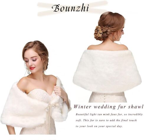 Bounzhi المرأة الزفاف فو الفراء شال يلتف الزفاف وشاح الزفاف الشالات الزفاف فو الفراء تتغاضى شال الفراء تغطية مع الشريط للعروس وصيفات الشرف (أبيض) in Saudi Arabia
