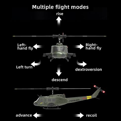 C032 UH-1 Huey RC مروحية للبالغين، مقياس 1/48 2.4G 6CH طائرة هليكوبتر عسكرية للتحكم عن بعد بدون طيار، رحلة حيلة ثلاثية الأبعاد وطائرة RC عالية الدقة للمبتدئين (فم القرش (3 بطاريات)) in Kuwait