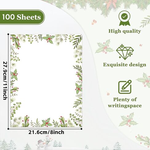 100 PCS Holly Ivy Christmas Holiday Letterhead Christmas Border Computer Paper Stationery Paper for Note Letters to Santa Holiday Holly Printer Papers Invitations Office School 8.5 x 11 In in Saudi Arabia