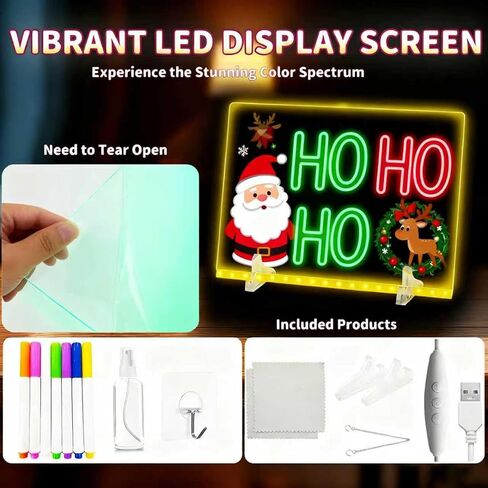 لوحة رسم LED كبيرة للأطفال (13.7 بوصة × 10 بوصة) - لوحة رسم وكتابة متوهجة بـ 7 ألوان مع 4 أوضاع إضاءة وسطوع قابل للتعديل، تعمل بمنفذ USB (المحول غير متضمن)، تتضمن 7 أقلام وزجاجة رذاذ وقطعتين قماش وسلسلة وخطافات - لوحة رسائل وملاحظات LED للمنزل in Saudi Arabia