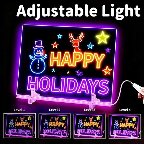 لوحة رسم LED كبيرة للأطفال (13.7 بوصة × 10 بوصة) - لوحة رسم وكتابة متوهجة بـ 7 ألوان مع 4 أوضاع إضاءة وسطوع قابل للتعديل، تعمل بمنفذ USB (المحول غير متضمن)، تتضمن 7 أقلام وزجاجة رذاذ وقطعتين قماش وسلسلة وخطافات - لوحة رسائل وملاحظات LED للمنزل in Saudi Arabia