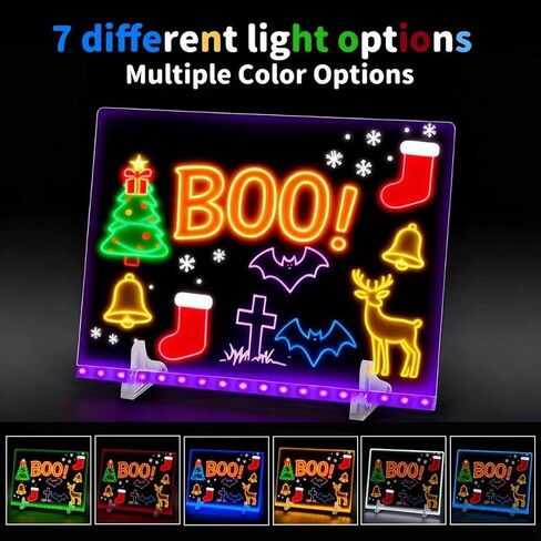 لوحة رسم LED كبيرة للأطفال (13.7 بوصة × 10 بوصة) - لوحة رسم وكتابة متوهجة بـ 7 ألوان مع 4 أوضاع إضاءة وسطوع قابل للتعديل، تعمل بمنفذ USB (المحول غير متضمن)، تتضمن 7 أقلام وزجاجة رذاذ وقطعتين قماش وسلسلة وخطافات - لوحة رسائل وملاحظات LED للمنزل in Saudi Arabia