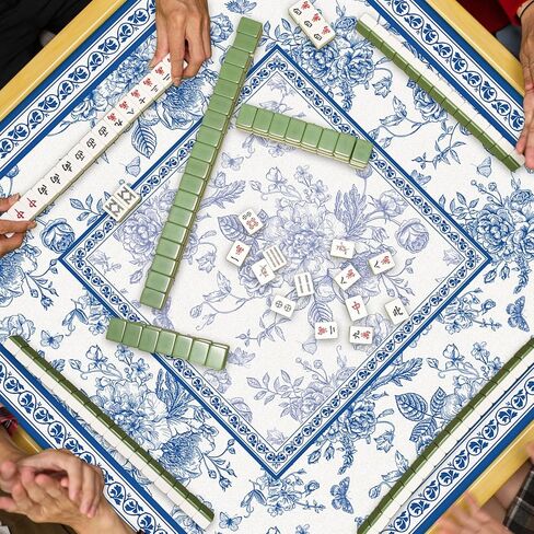 حصيرة ماهجونغ الصينية مع حقيبة حمل مقاس 31.5 بوصة × 31.5 بوصة، حصيرة طاولة على شكل زهرة زرقاء، غطاء طاولة ألعاب غير قابل للانزلاق من الأزهار لألعاب لوحة البطاقات والبلاط in Kuwait