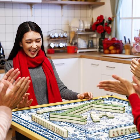 حصيرة ماهجونغ الصينية مع حقيبة حمل مقاس 31.5 بوصة × 31.5 بوصة، حصيرة طاولة على شكل زهرة زرقاء، غطاء طاولة ألعاب غير قابل للانزلاق من الأزهار لألعاب لوحة البطاقات والبلاط in Kuwait