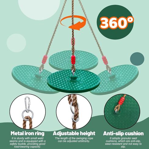 Rotating Disc Swing for Kids - 360° Swivel Seat, No Assembly, Portable Rope Swing - Indoor/Outdoor for Trees, 330lbs Capacity, Ages 3+ (Dark Green) in Kuwait