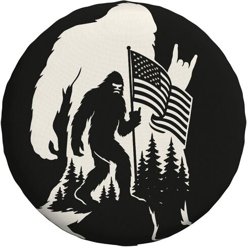 Bigfoot Spare Tire Cover with Patriotic Sasquatch American Flag Forest Design – Waterproof Vehicle Wheel Cover for RV, Truck, Cars Trailer & Camper Decor 15 Inch in Saudi Arabia