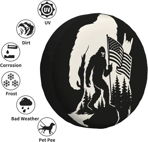 Bigfoot Spare Tire Cover with Patriotic Sasquatch American Flag Forest Design – Waterproof Vehicle Wheel Cover for RV, Truck, Cars Trailer & Camper Decor 15 Inch in Saudi Arabia