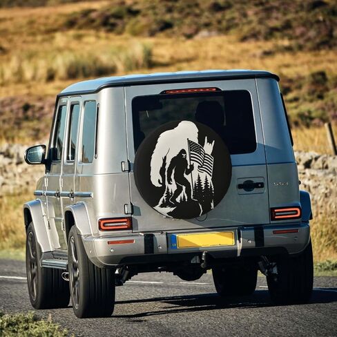 Bigfoot Spare Tire Cover with Patriotic Sasquatch American Flag Forest Design – Waterproof Vehicle Wheel Cover for RV, Truck, Cars Trailer & Camper Decor 15 Inch in Saudi Arabia