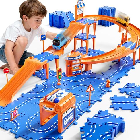 Puzzle Race Car Track Set for Kids 3-5, Floor Puzzle Track Car Set, Toddler Toys for 3 4 5 6 Years Old Boys, Toys Gift for Kids Boys Girls Age 3 4 5 6 7 8 Years Old in Saudi Arabia