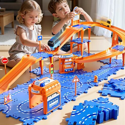 Puzzle Race Car Track Set for Kids 3-5, Floor Puzzle Track Car Set, Toddler Toys for 3 4 5 6 Years Old Boys, Toys Gift for Kids Boys Girls Age 3 4 5 6 7 8 Years Old in Saudi Arabia