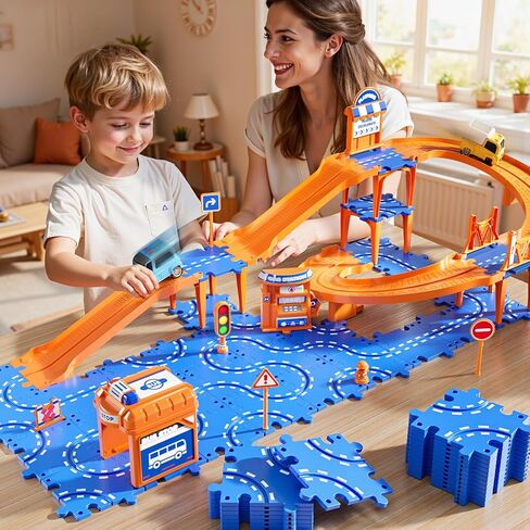 Puzzle Race Car Track Set for Kids 3-5, Floor Puzzle Track Car Set, Toddler Toys for 3 4 5 6 Years Old Boys, Toys Gift for Kids Boys Girls Age 3 4 5 6 7 8 Years Old in Saudi Arabia
