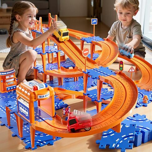 Puzzle Race Car Track Set for Kids 3-5, Floor Puzzle Track Car Set, Toddler Toys for 3 4 5 6 Years Old Boys, Toys Gift for Kids Boys Girls Age 3 4 5 6 7 8 Years Old in Saudi Arabia