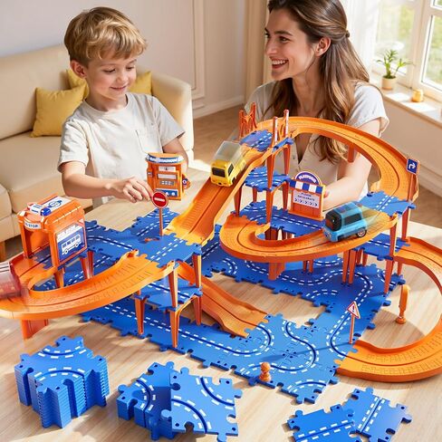 Puzzle Race Car Track Set for Kids 3-5, Floor Puzzle Track Car Set, Toddler Toys for 3 4 5 6 Years Old Boys, Toys Gift for Kids Boys Girls Age 3 4 5 6 7 8 Years Old in Saudi Arabia