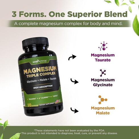 Gade Nutrition Triple Magnesium Complex with Magnesium Glycinate, Magnesium Malate & Magnesium Taurate | Pure Magnesium Supplement for Sleep and Calm, Veggie Capsules | Made in USA in Saudi Arabia