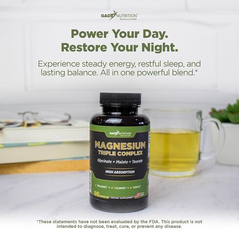 Gade Nutrition Triple Magnesium Complex with Magnesium Glycinate, Magnesium Malate & Magnesium Taurate | Pure Magnesium Supplement for Sleep and Calm, Veggie Capsules | Made in USA in Saudi Arabia