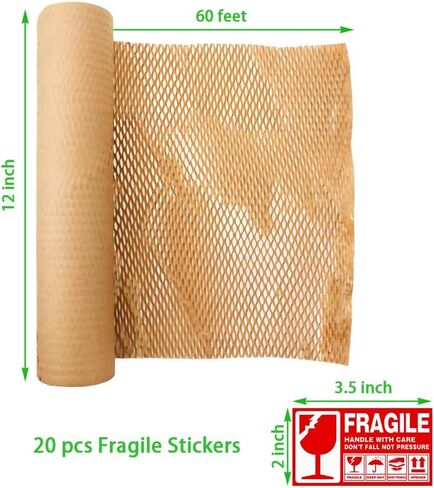 Honeycomb Packing Paper 12" W x 60' L Packing Paper for Moving Products & Gifts Honeycomb Wrapping Paper Recyclable and Biodegradable Cushioning Packing Material with 20 Fragile Stickers in Saudi Arabia