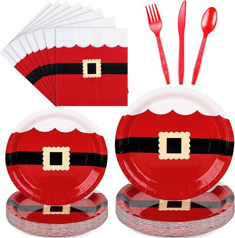 Bokon 96 Pcs Christmas Plates and Napkins Sets Christmas Party Supplies Decorations Santa Belt Disposable Party Dinnerware Knives Forks Spoons for Xmas Holiday Dinner Home Serves 24 in Saudi Arabia
