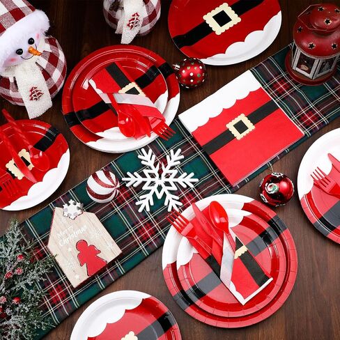 Bokon 96 Pcs Christmas Plates and Napkins Sets Christmas Party Supplies Decorations Santa Belt Disposable Party Dinnerware Knives Forks Spoons for Xmas Holiday Dinner Home Serves 24 in Saudi Arabia