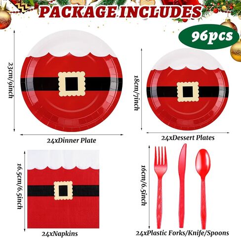 Bokon 96 Pcs Christmas Plates and Napkins Sets Christmas Party Supplies Decorations Santa Belt Disposable Party Dinnerware Knives Forks Spoons for Xmas Holiday Dinner Home Serves 24 in Saudi Arabia