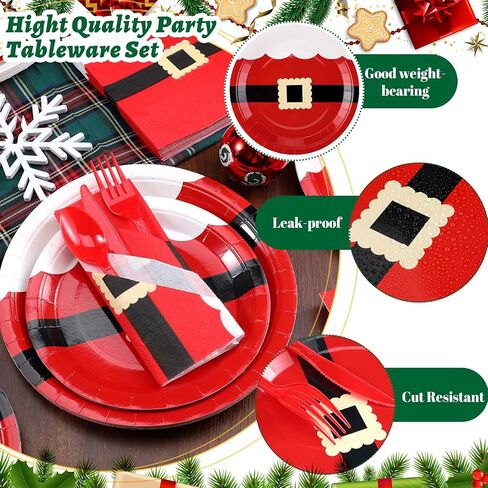 Bokon 96 Pcs Christmas Plates and Napkins Sets Christmas Party Supplies Decorations Santa Belt Disposable Party Dinnerware Knives Forks Spoons for Xmas Holiday Dinner Home Serves 24 in Saudi Arabia