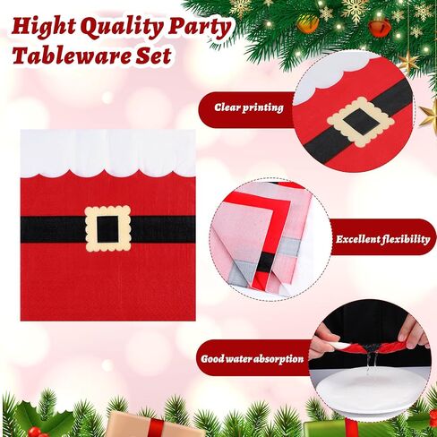 Bokon 96 Pcs Christmas Plates and Napkins Sets Christmas Party Supplies Decorations Santa Belt Disposable Party Dinnerware Knives Forks Spoons for Xmas Holiday Dinner Home Serves 24 in Saudi Arabia