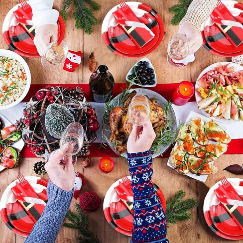 Bokon 96 Pcs Christmas Plates and Napkins Sets Christmas Party Supplies Decorations Santa Belt Disposable Party Dinnerware Knives Forks Spoons for Xmas Holiday Dinner Home Serves 24 in Saudi Arabia