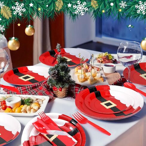 Bokon 96 Pcs Christmas Plates and Napkins Sets Christmas Party Supplies Decorations Santa Belt Disposable Party Dinnerware Knives Forks Spoons for Xmas Holiday Dinner Home Serves 24 in Saudi Arabia