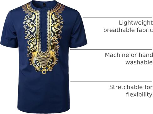ZEROYAA Men's African Ethnic Hidden Button Short Sleeve Shirt Metallic Gold Printed Dashiki in Kuwait