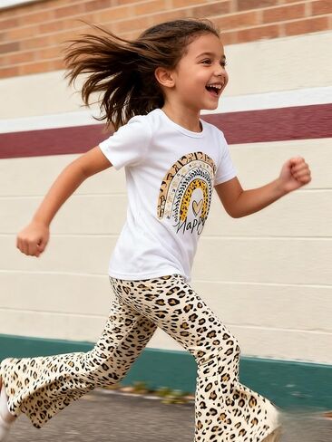 Kids Toddler Girl Clothes Letter Print Graphic Top + Leopard Print Flare Leg Pants 2PC Summer Clothing Set in Kuwait