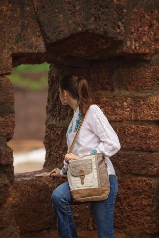 Myra Bag Tribe Strip Upcycled Canvas & Cowhide Leather Bag S-1210 in Saudi Arabia