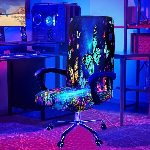 Simpkeely Blacklight Stretch Printed Computer Office Chair Covers, UV Reactive Colorful Butterfly Universal Desk Rotating Chair Slipcovers, Glow in The Dark Chair Protector Cover with Zipper in Saudi Arabia