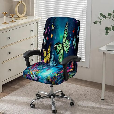 Simpkeely Blacklight Stretch Printed Computer Office Chair Covers, UV Reactive Colorful Butterfly Universal Desk Rotating Chair Slipcovers, Glow in The Dark Chair Protector Cover with Zipper in Saudi Arabia