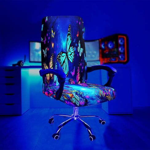 Simpkeely Blacklight Stretch Printed Computer Office Chair Covers, UV Reactive Colorful Butterfly Universal Desk Rotating Chair Slipcovers, Glow in The Dark Chair Protector Cover with Zipper in Saudi Arabia