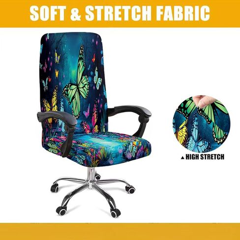 Simpkeely Blacklight Stretch Printed Computer Office Chair Covers, UV Reactive Colorful Butterfly Universal Desk Rotating Chair Slipcovers, Glow in The Dark Chair Protector Cover with Zipper in Saudi Arabia