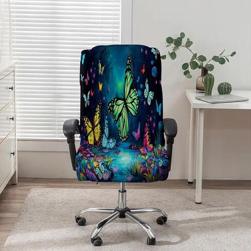 Simpkeely Blacklight Stretch Printed Computer Office Chair Covers, UV Reactive Colorful Butterfly Universal Desk Rotating Chair Slipcovers, Glow in The Dark Chair Protector Cover with Zipper in Saudi Arabia